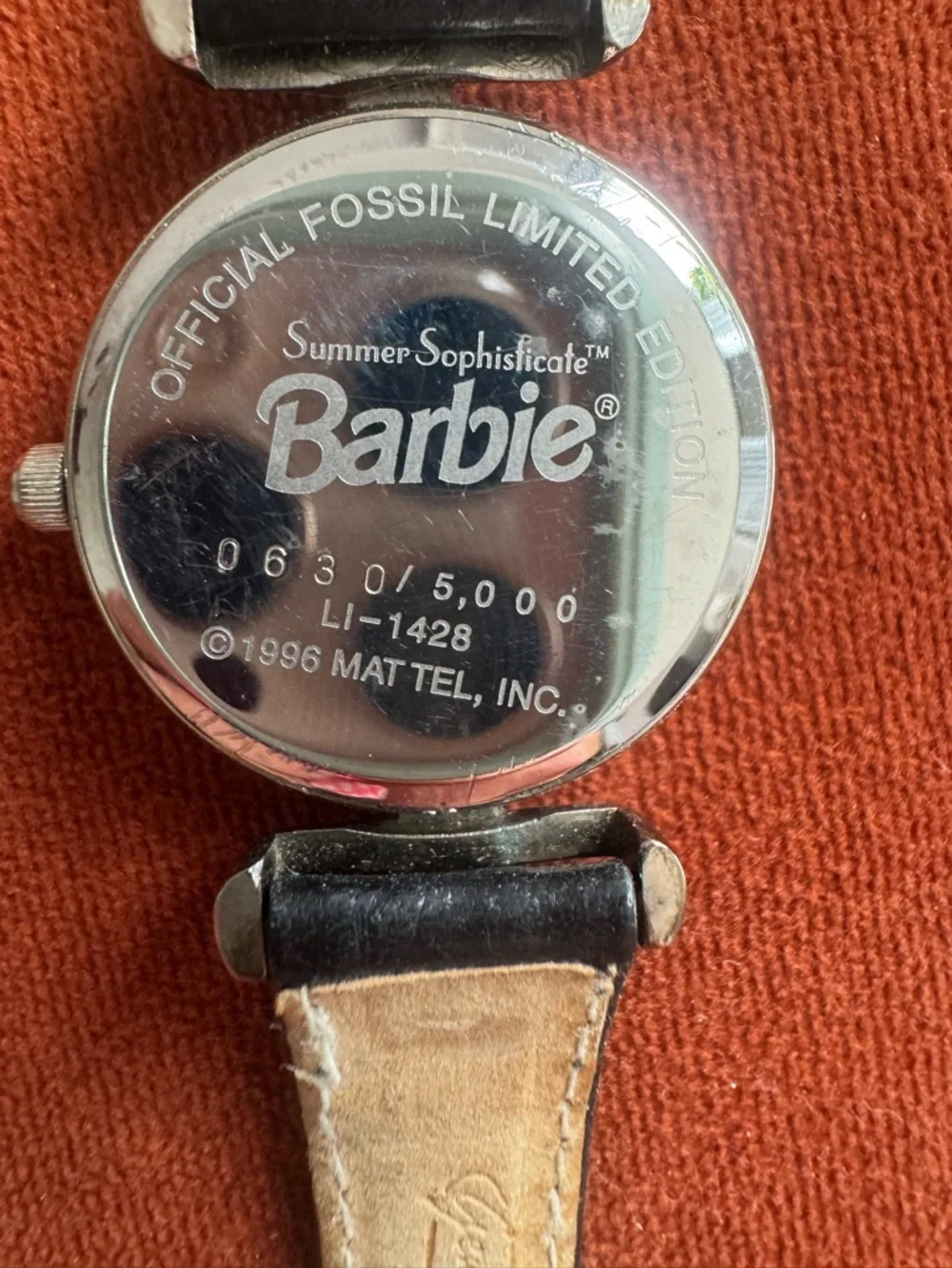 Vintage Fossil Barbie Watch with Black Leather Strap - Blue Dial